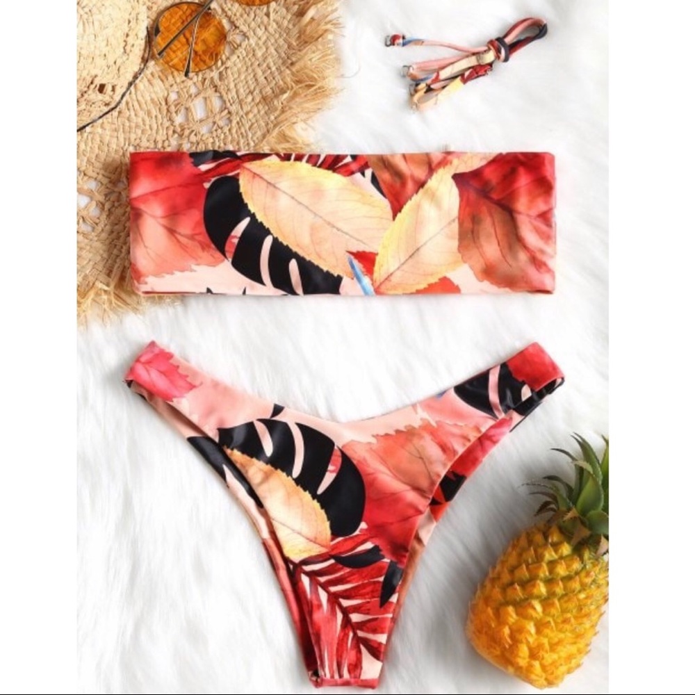 Bandeau Leaf Print Bralette Bikini Set